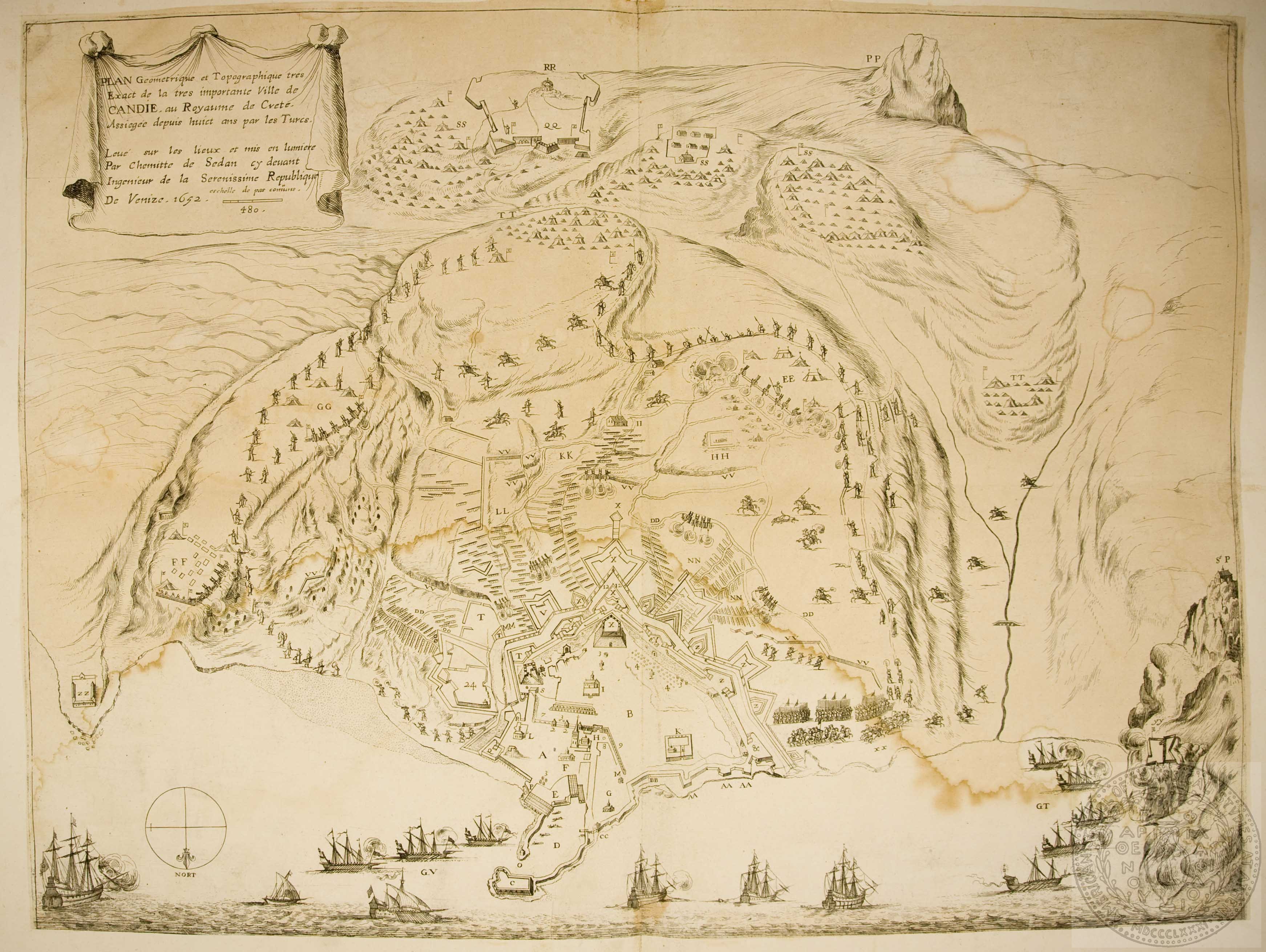 Plan geometrique et topographique tes exacte de la tres importante ville de Candie, au royaume de Crete assiege depuis huit ans par les Turcs…..